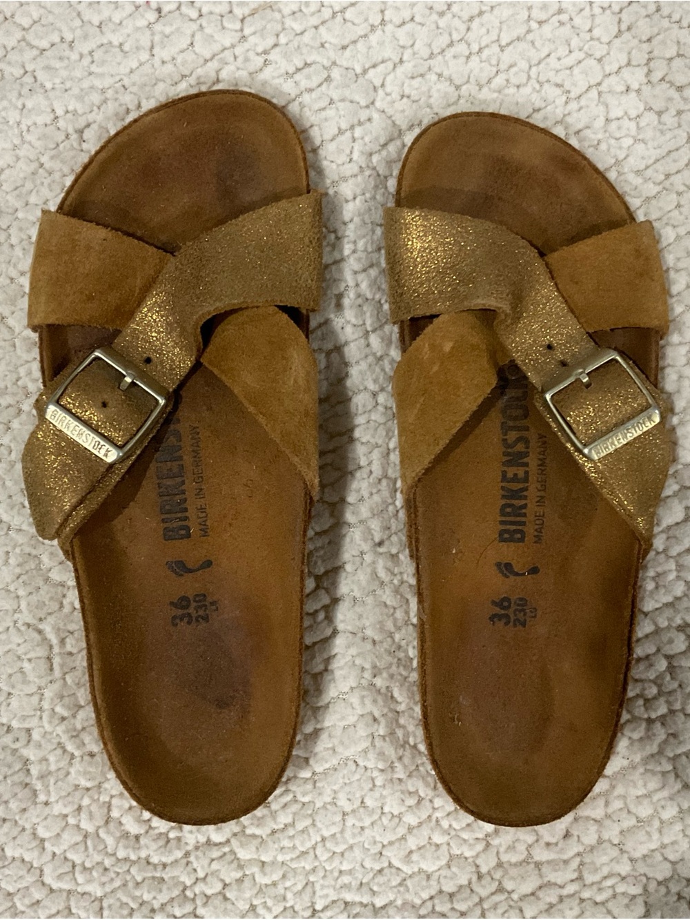 Birkenstock Women’s Mayari Sandals in Gold and Brown Suede